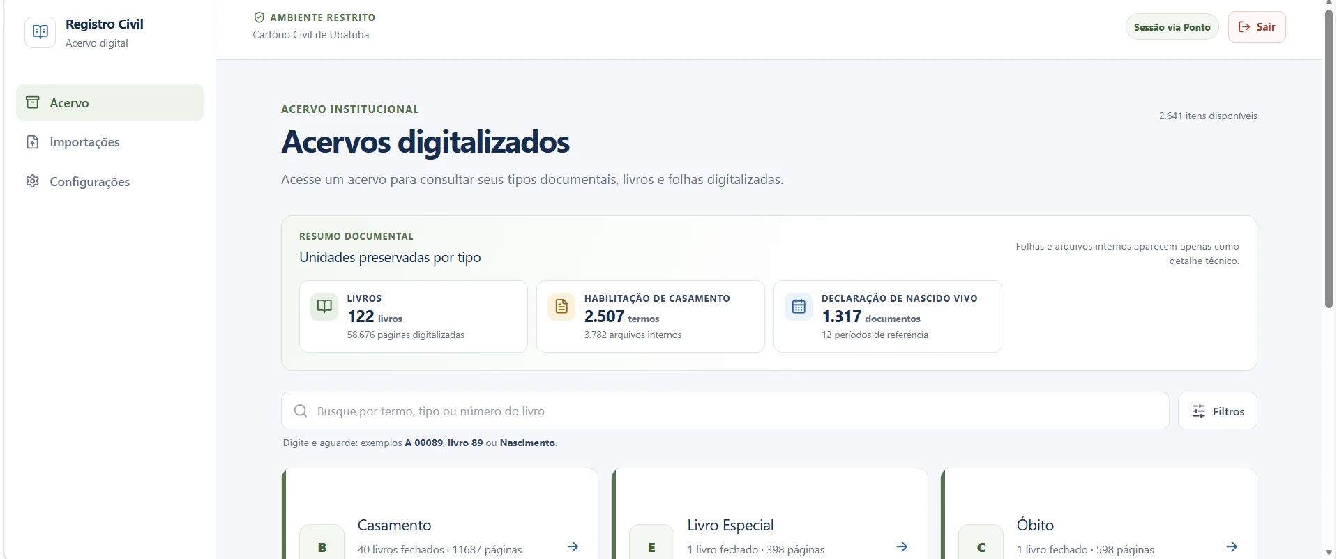 Captura de tela do Acervo Digital: catálogo por tipo documental, busca por livro, número ou termo e leitor de folhas.