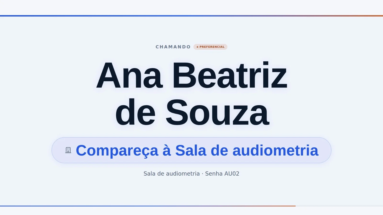 Painel da sala de espera da Gestão de Filas chamando a paciente pelo nome, com prioridade preferencial e o destino indicado: compareça à Sala de audiometria, com dados fictícios.