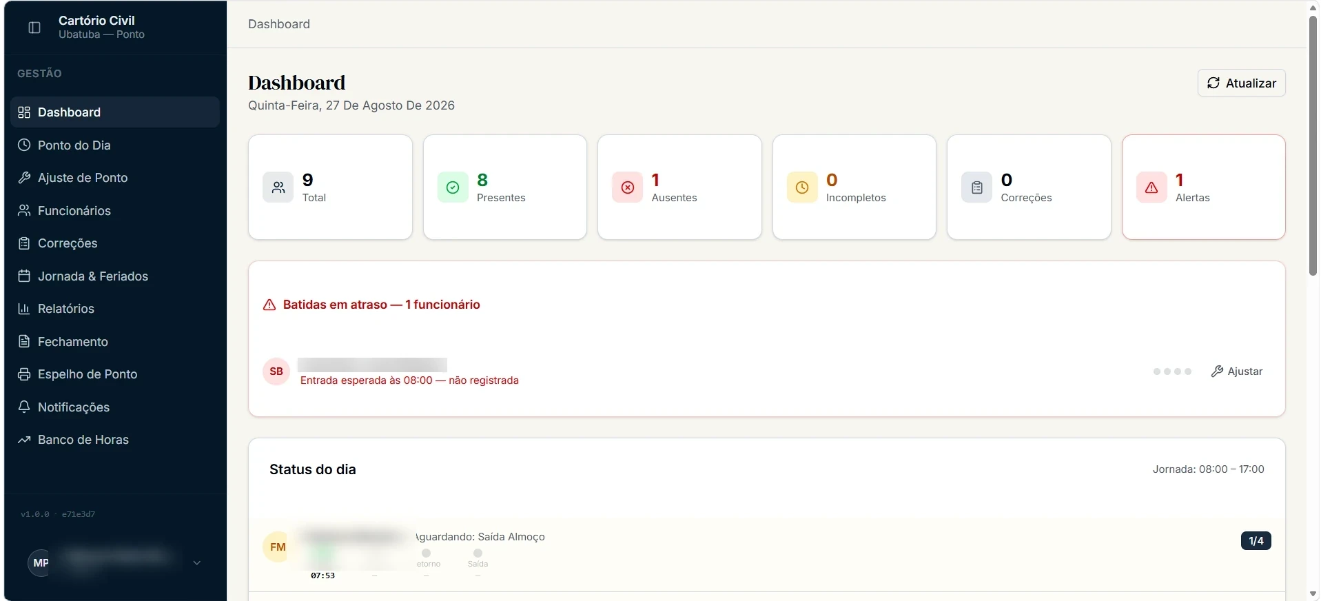 Captura de tela do Ponto Eletrônico: ponto do dia, ajustes de marcação, banco de horas e espelho por colaborador.